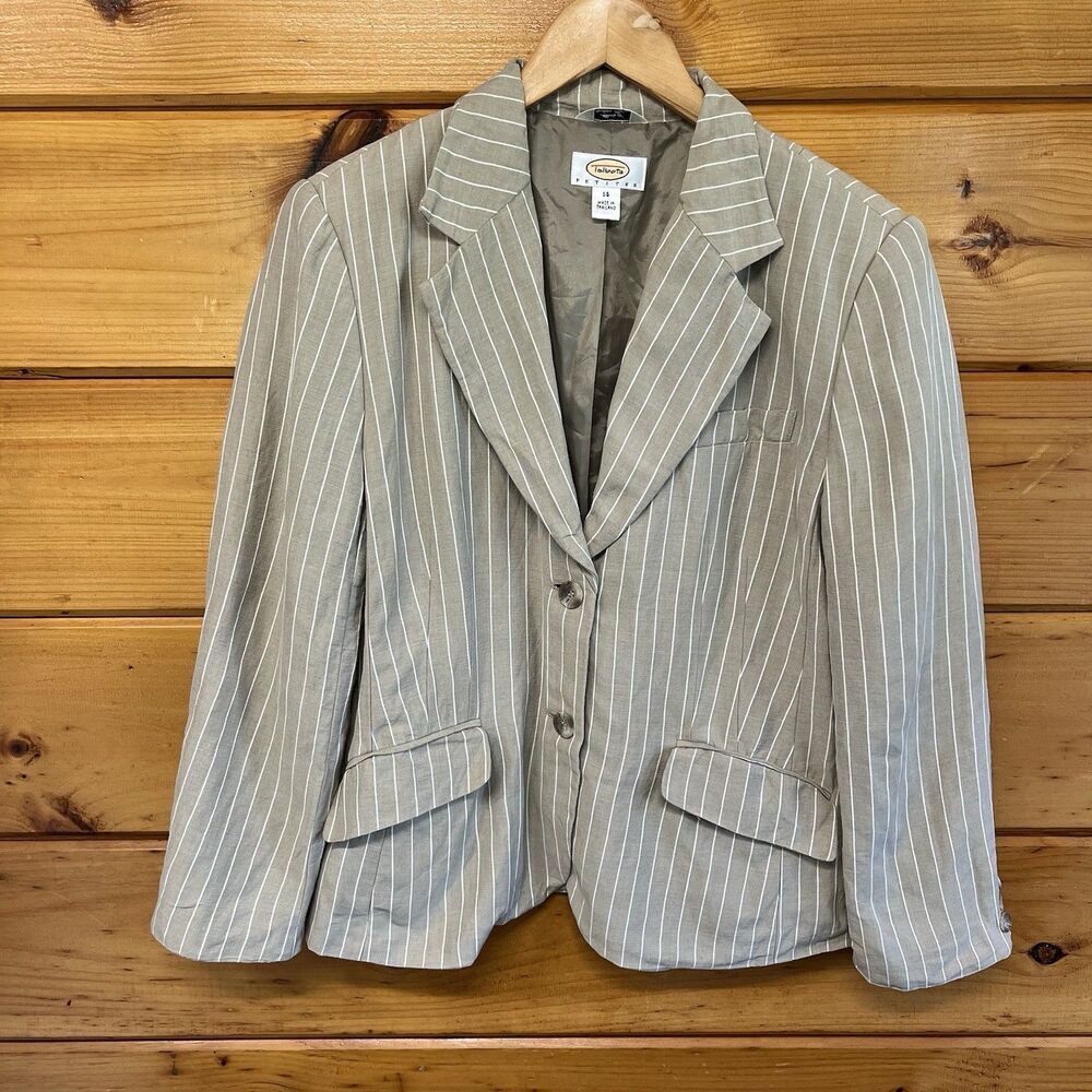 Talbots Womens Blazer Suit 14P Beige Pin-Striped Linen CareerWear Classic